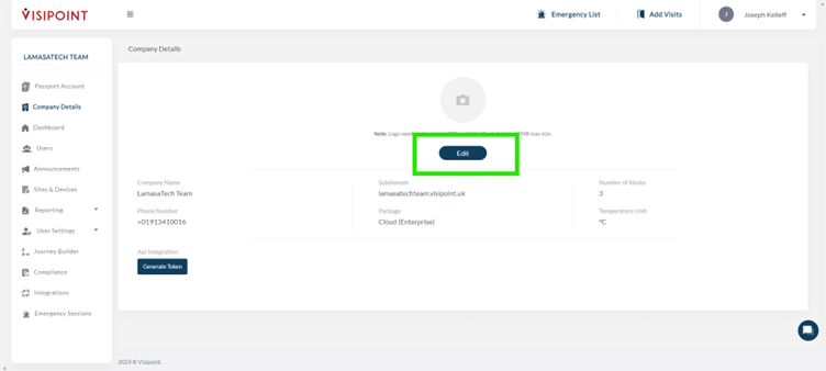 VisiPoint dashboard highlighting edit section of company details.