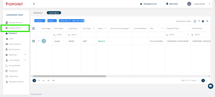 VisiPoint dashboard highlighting the 'company details' section.