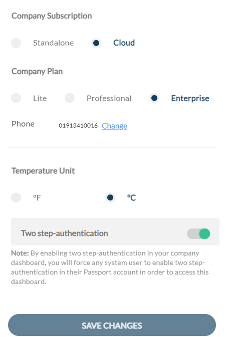 VisiPoint dashboard showing how to enable two step authentication.