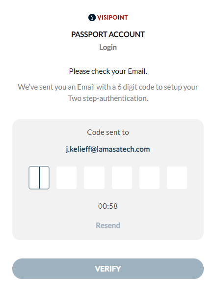 VisiPoint notification requesting a verification code.