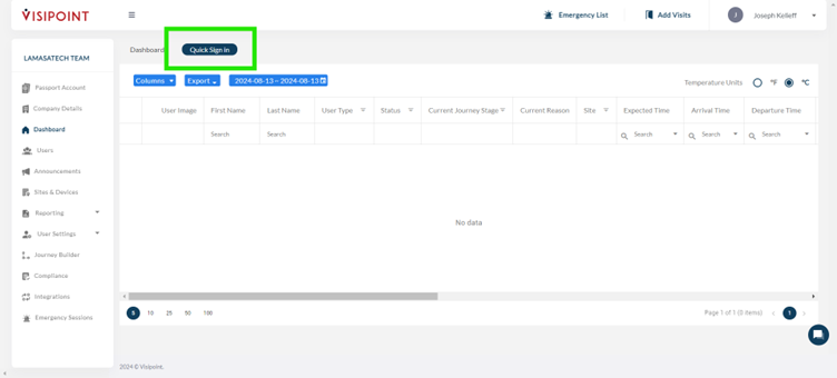 VisiPoint dashboard displaying 'Quick sign-in'