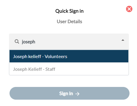 Screen showing the VisiPoint quick sign-in user details with populated details.